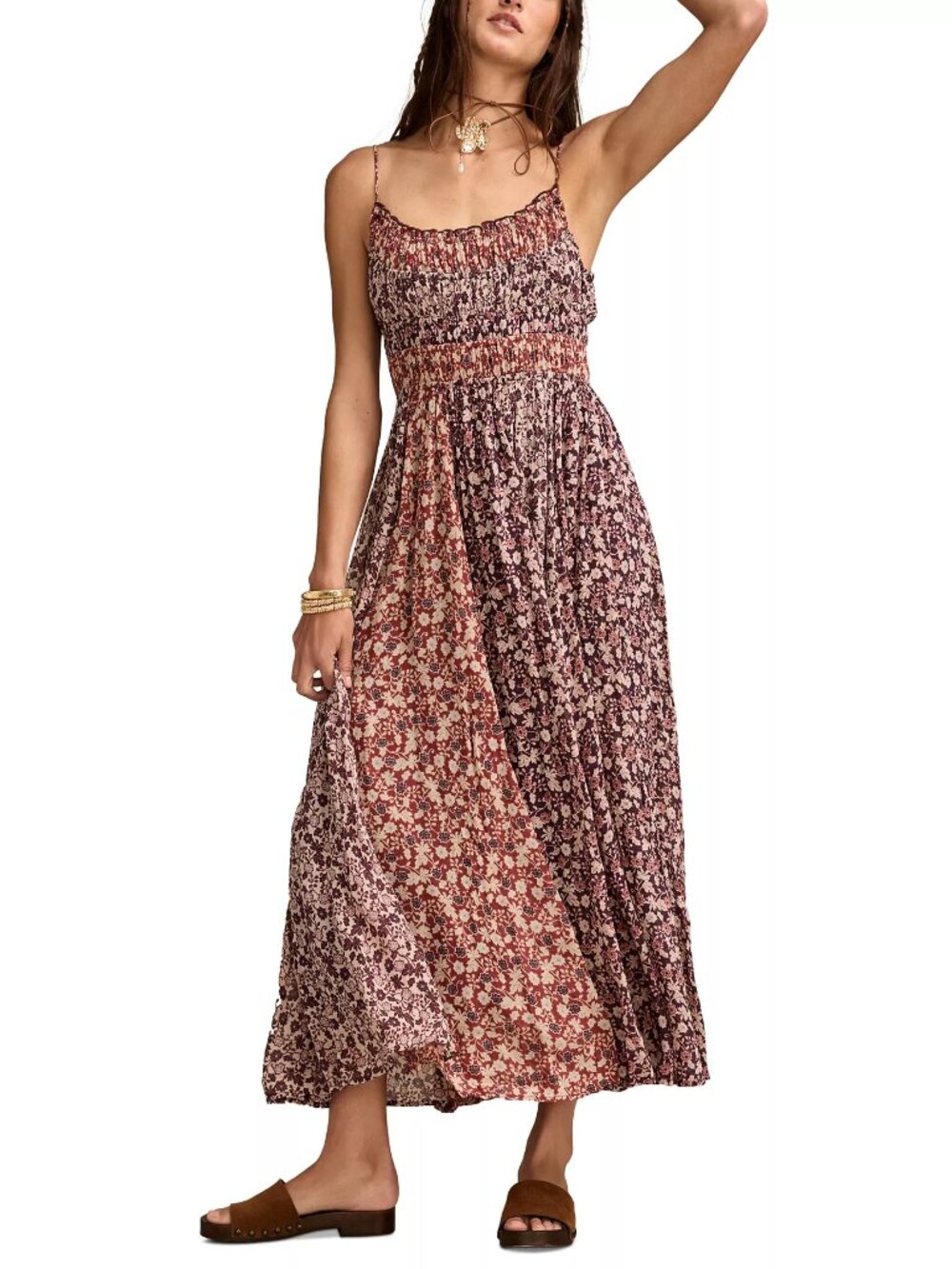 Lucky Brand Burgundy Combo Floral Print Mix Smocked Midi Dress XS